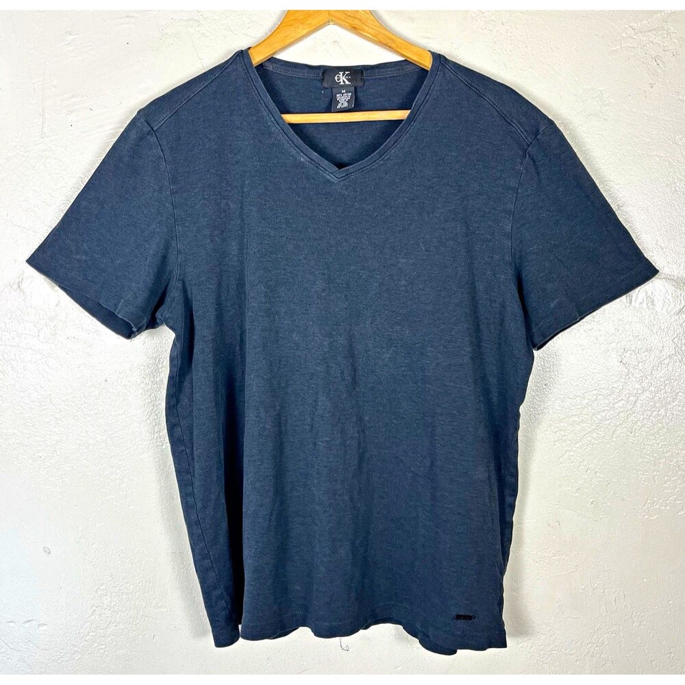 Calvin Klein Men’s M Blue V-Neck 100% Cotton Knit T-Shirt Short Sleeve Logo
